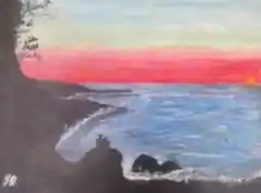 Coastal Sunset colourful waterfall acrylic painting by Von Casey