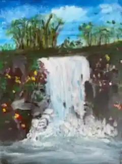 Waterfall Bliss colourful waterfall acrylic painting by Von Casey